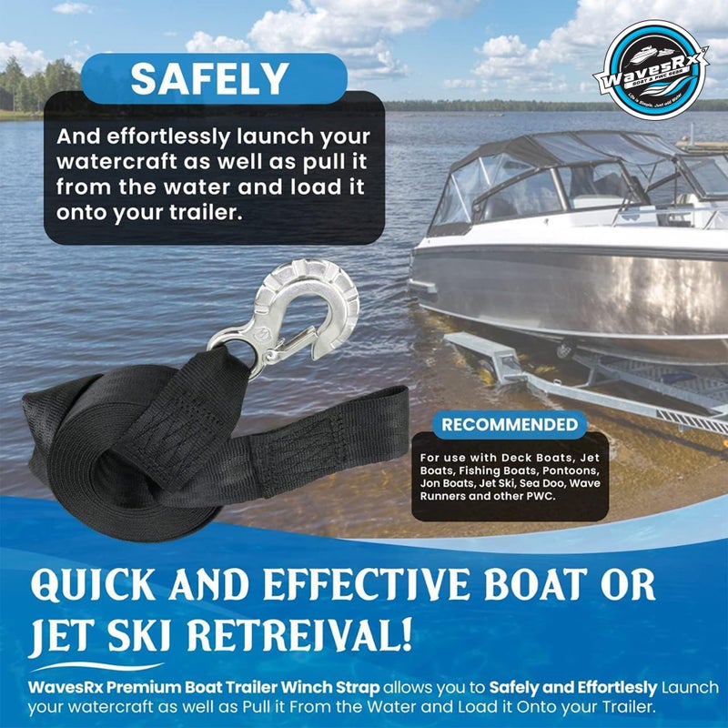 WavesRx 2"x20' Jet Ski Trailer Winch Strap with Stainless Steel Hook & Quick Connect Bow Tow Loop | Boat Winch Strap with Hook | 5,500lbs Strength for Safe Retrieval, Launching & Transporting Jet Skis - Image 2
