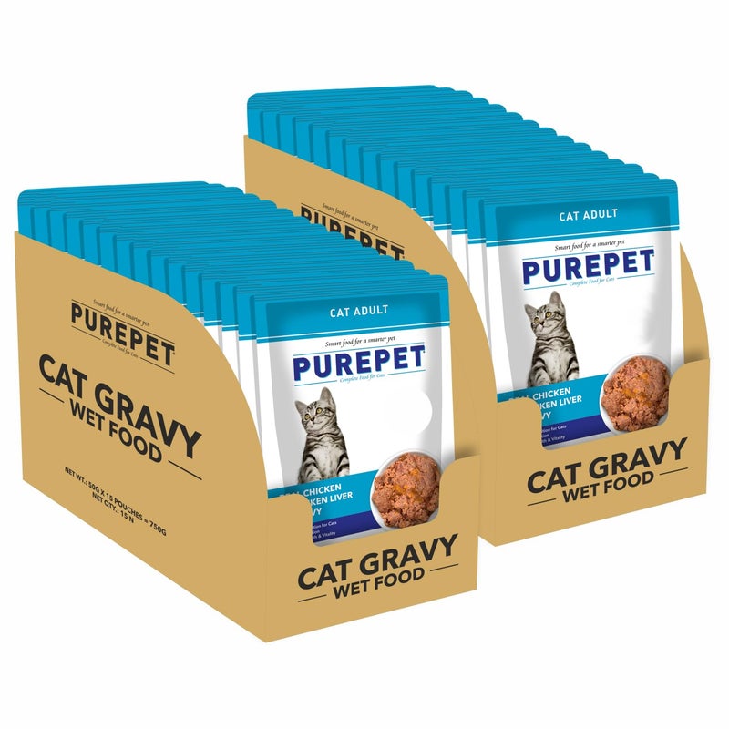 PUREPET طعام رطب للقطط من PUREPET بصلصة الدجاج والكبد 50 جرام عبوة من 30 (1.5 كجم) مناسبة لجميع مراحل الحياة - Image 1