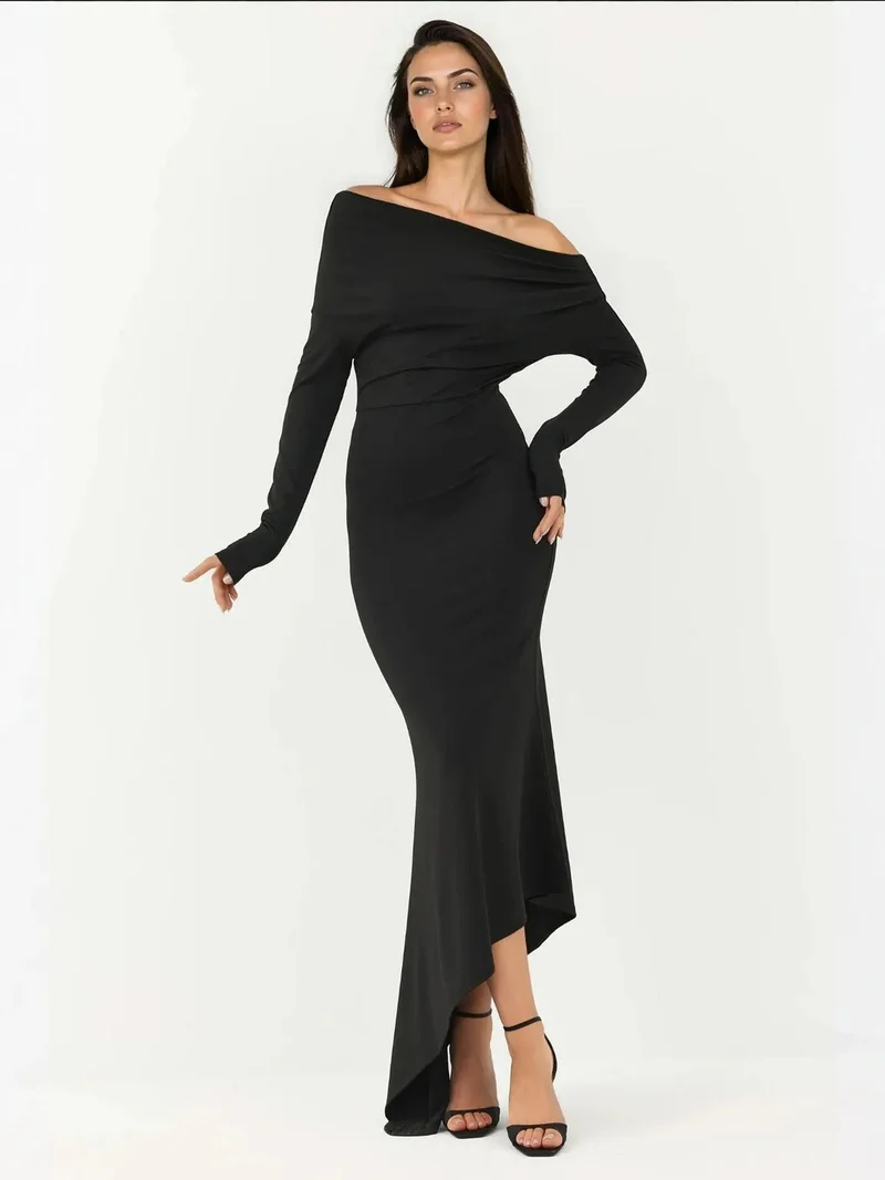 HICCUP Black Elegant Bodycon Maxi Dress with Boat Neck for Women | Best Price UAE