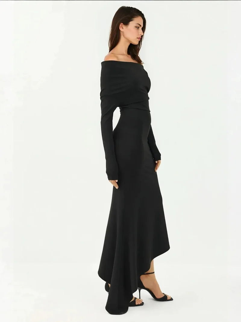 HICCUP Black Elegant Bodycon Maxi Dress with Boat Neck for Women | Best Price UAE
