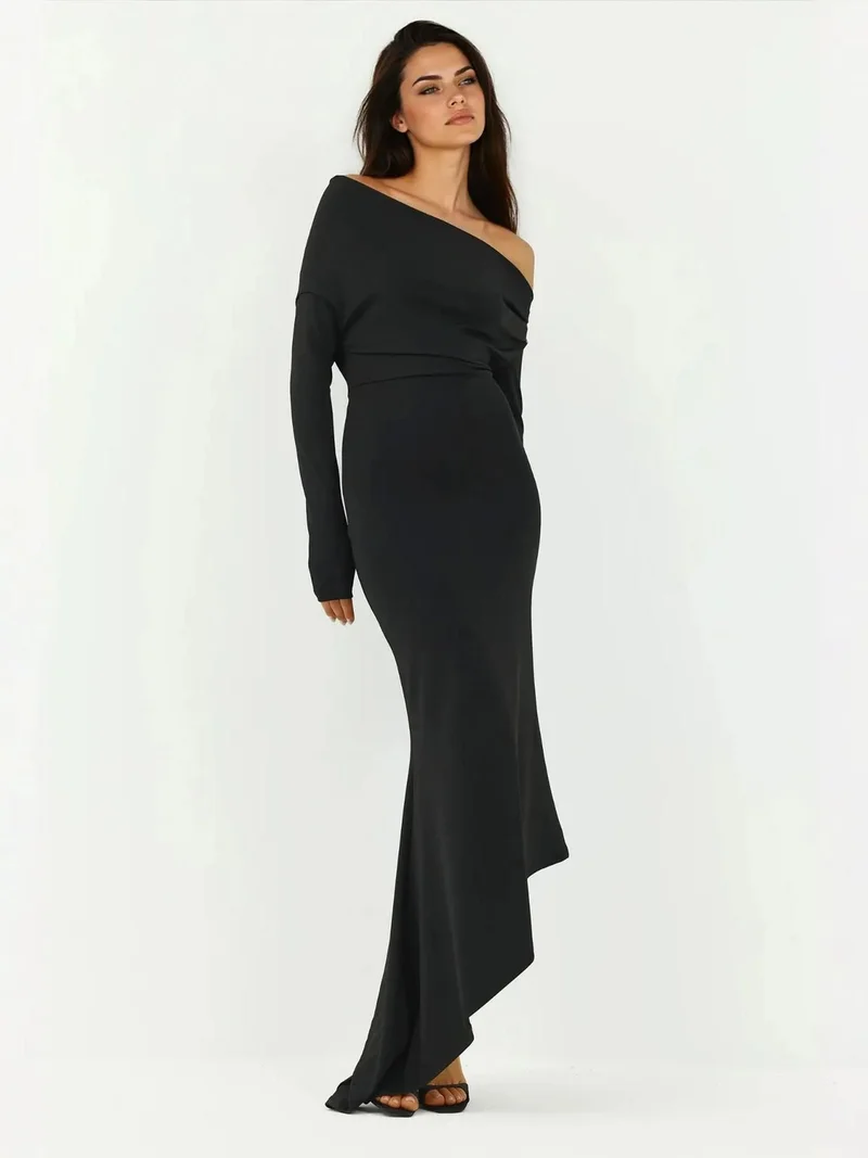 HICCUP Black Elegant Bodycon Maxi Dress with Boat Neck for Women | Best Price UAE
