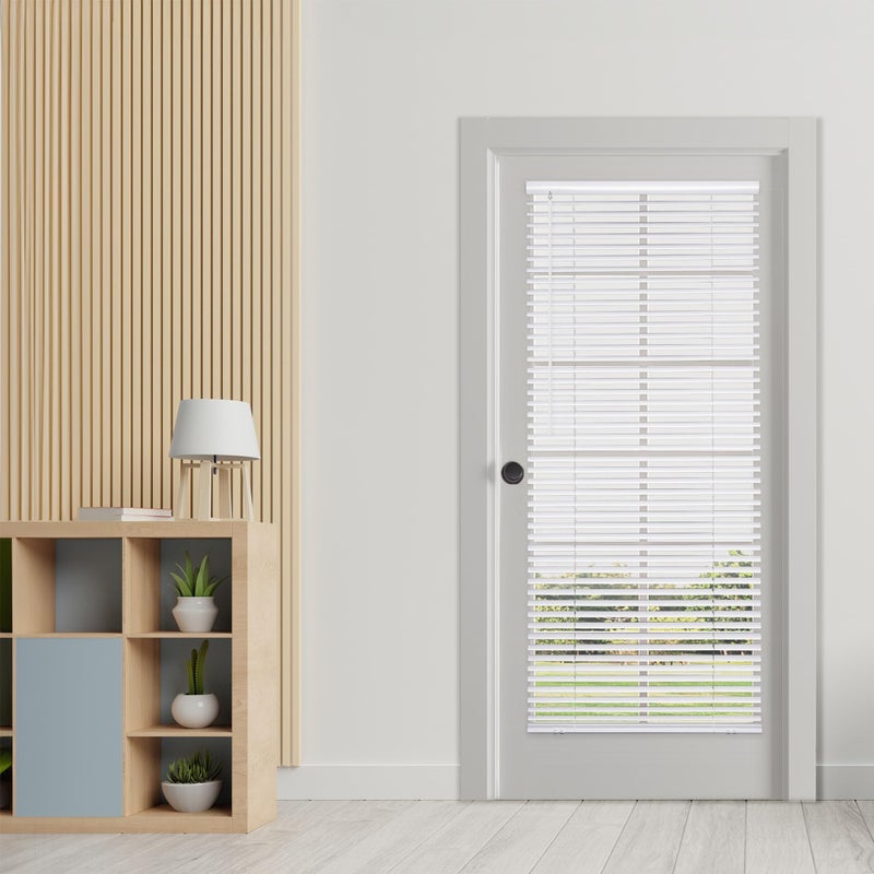 DEZ FURNISHINGS DEZ FURNISHINGS Cordless No Tool 1 Magnet Mini Blinds for Metal Doors Room Darkening 25 W x 72 H White 