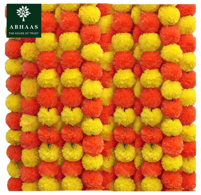 Abhaas 10Pcs Artificial Marigold Garland for Decoration Pooja Room Toran Indian Genda Phool for Wedding & Festivals Diwali Pongal (Orange+Yellow) /4.7 Feet/Set of 10 Strings, 147 cm, 147 Cm - Image 1