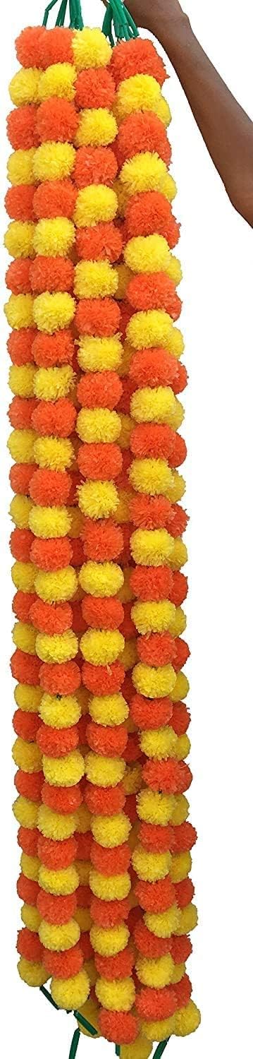 Abhaas 10Pcs Artificial Marigold Garland for Decoration Pooja Room Toran Indian Genda Phool for Wedding & Festivals Diwali Pongal (Orange+Yellow) /4.7 Feet/Set of 10 Strings, 147 cm, 147 Cm - Image 3