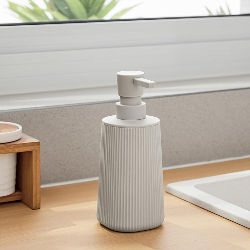 YAUKPH Small Soap Dispenser for Bathroom and Kitchen, Modern Farmhouse Striped Style Plastic Hand Soap Dish Soap Dispenser with Pump Matte Beige - Image 4
