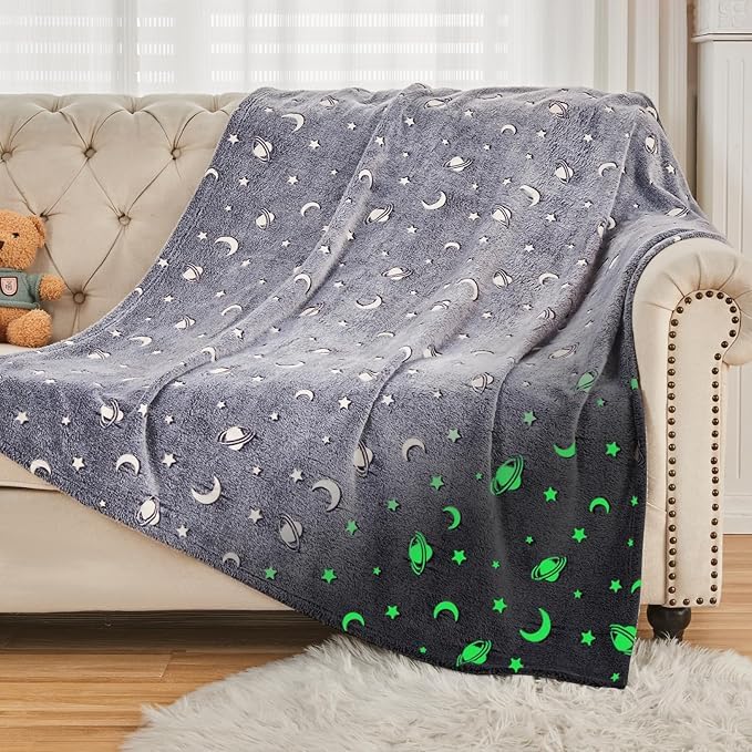 Prostuff.in® Super Soft Fuzzy Fluffy Plush Furry Fleece Glow in The Dark Throw Glowing Blanket with Galaxy Moon Star Pattern All Seasons Blanket for Kids Multicolour 1 Pcs (Size- 50x 60inch) - Image 1