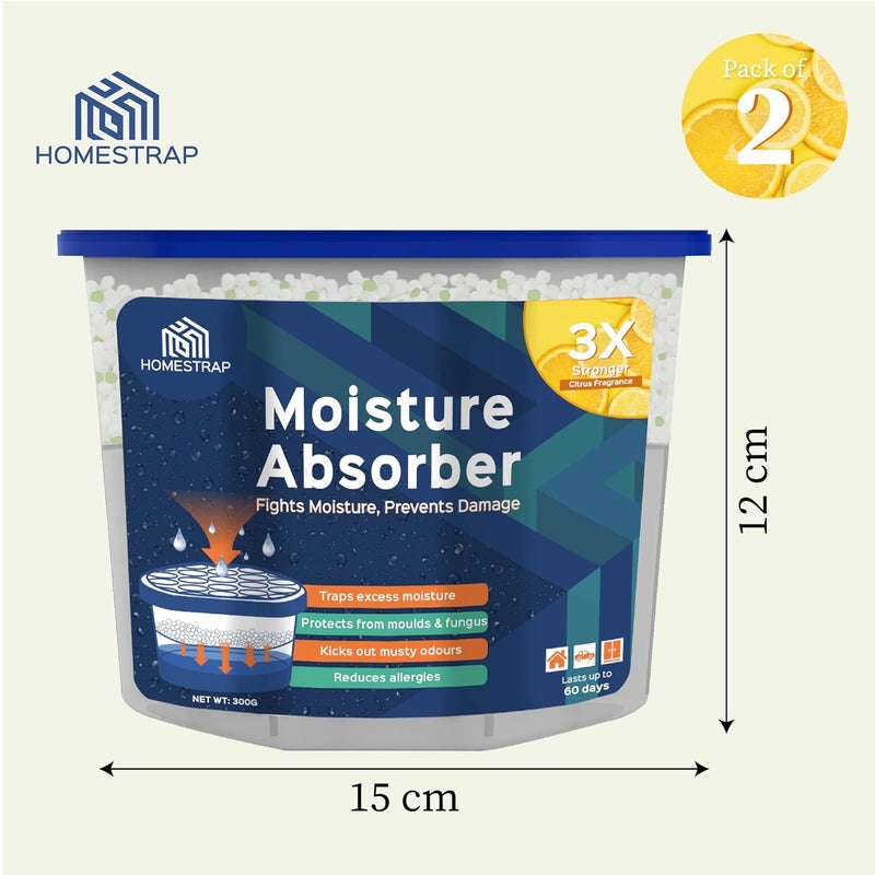 HomeStrap صندوق ماص للرطوبة 2 قطعة × 300 جرام مع عطر يدوم طويلاً مزيل للرطوبة لخزائن الأدراج والغرف والسيارات لمكافحة الرطوبة والعفن والفطريات والروائح الكريهة - ليمون بوكس - Image 2