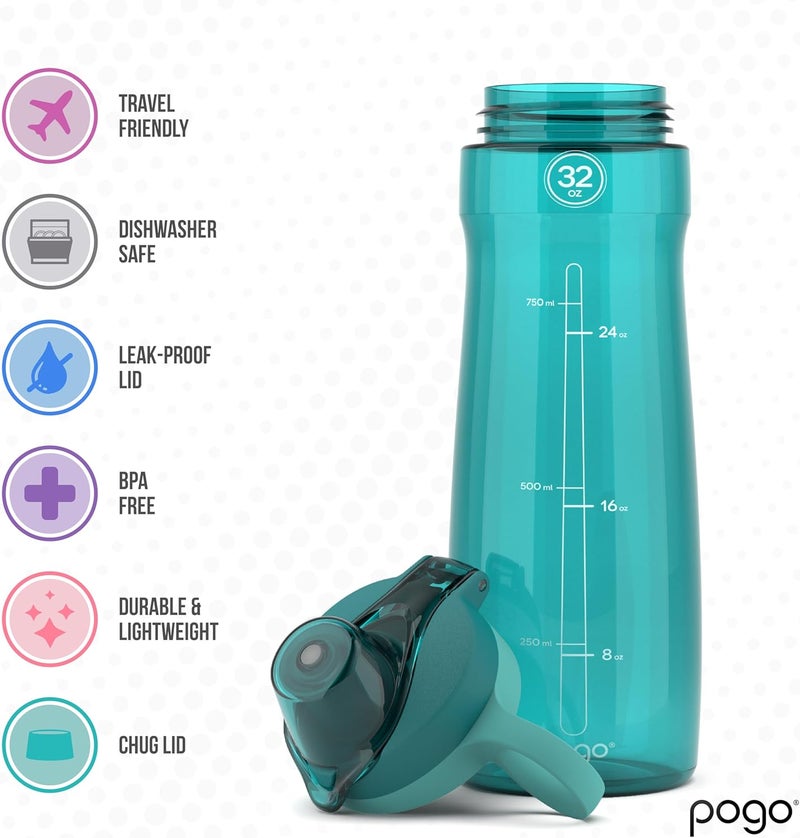 Pogo BPA-Free Plastic Water Bottle with Chug Lid, 32 Oz, Quetzal Teal - Image 2