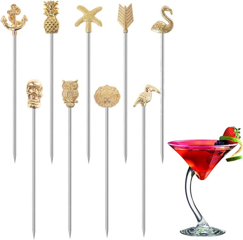 DEEKOUDT Martini Cocktail Picks Reusable Olive Picks Garnish Skewer Fruit Toothpicks Set of 9 (Gold) - Image 1