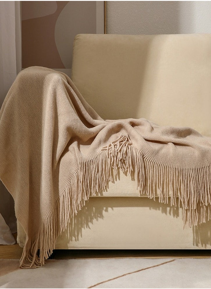 Loquat Solid Color Tassel Design Knitted Soft Throw Blanket Keep Warm Khaki 