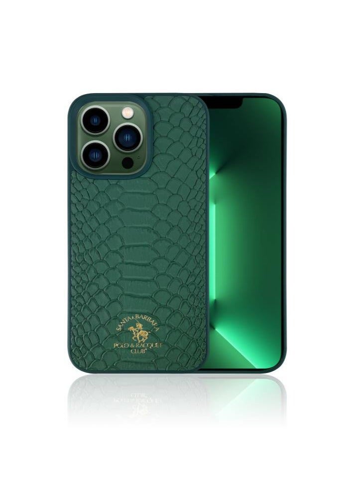 SANTA BARBARA POLO & RACQUET CLUB Santa Barbara Polo & Racquet Club Knight Series Genuine Leather Case for iPhone 13 Pro Max | Classic Business Design, Shockproof TPU, Scratch-Resistant, Vintage Embroidered Finish - Green - Image 1