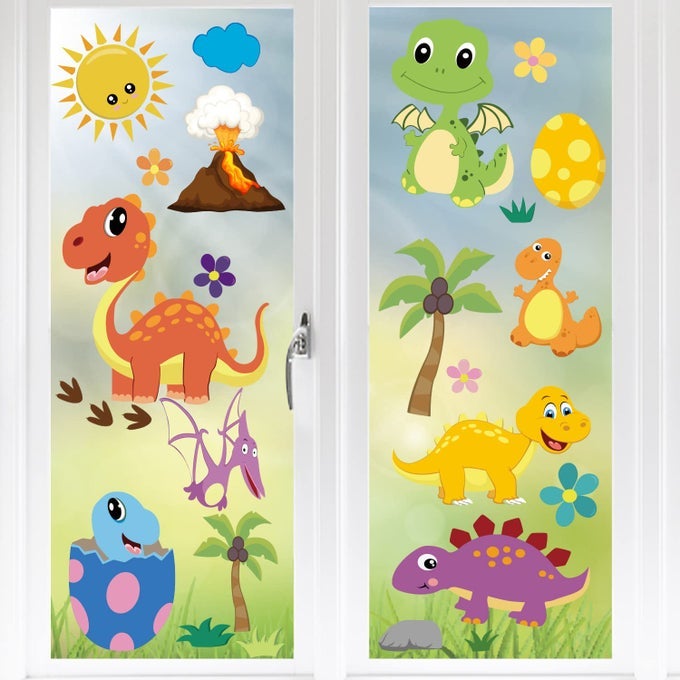 85 PCS DINOSAUR WINDOW CLING DECALS FOR KIDSASSORTED CUTE DINOSAUR FOOT PRINT EGGS WINDOW STICKER DECORATIONS FOR KIDS TODDLERS