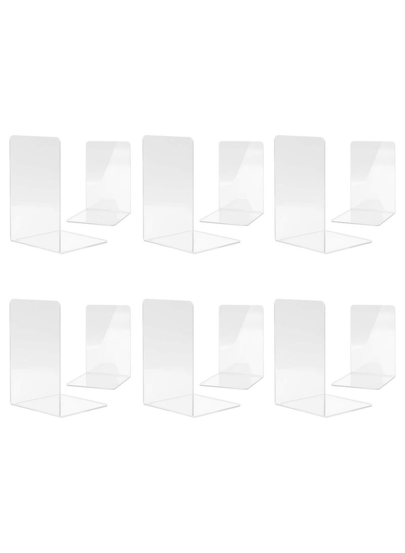 6 Pairs Clear Acrylic Bookends, Acrylic Book Ends for Book Shelves, Non-Slip Desktop Book Organizer Stationery Bookracks for School Supplies Library Books Office Book Holder - Image 1