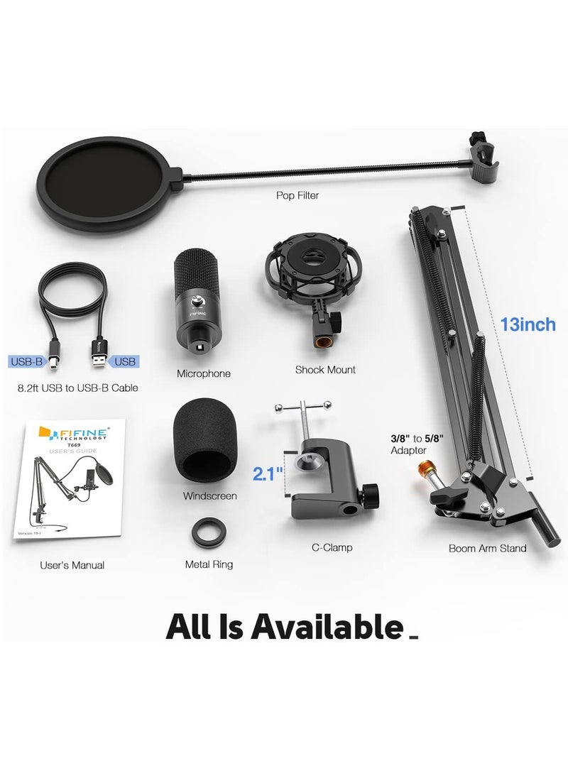 FIFINE - T669 Studio Condenser USB Microphone Computer PC Microphone Kit with Adjustable Boom Arm Stand Shock Mount for Instruments Voice Overs Recording Podcasting YouTube Vocal Gaming Streaming - Image 1
