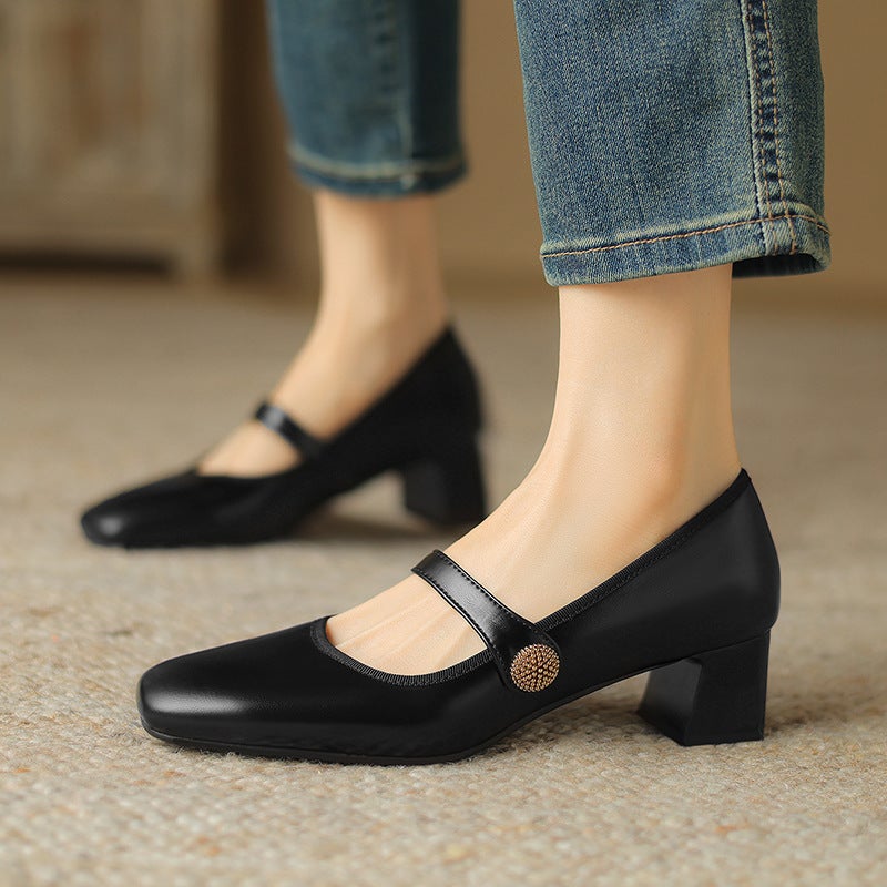 Source Of Goods Spring 2024 Simple Mid-Heel Women'S Shoes 31-43 Square Head Solid Color Size Size Shallow Mouth Single Shoes - Image 2
