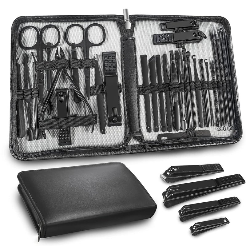 Manicure Set Personal Care Mens Grooming Kit, 30 In 1 Professional Manicure Kit Pedicure Kit, Nail Clippers for Men and Beauty Tool Portable Set, with Luxurious Travel Case (Black)