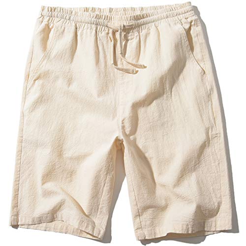 SIR7 Men's Linen Casual Classic Fit 11 Inch Inseam Elastic Waist Shorts with Drawstring Beige Large - Image 1