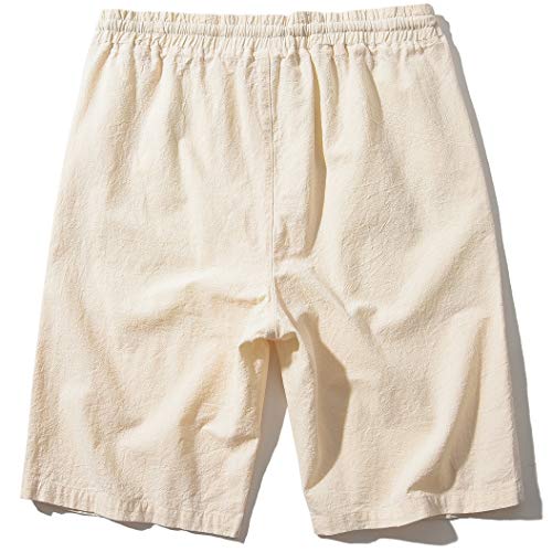 SIR7 Men's Linen Casual Classic Fit 11 Inch Inseam Elastic Waist Shorts with Drawstring Beige Large - Image 2