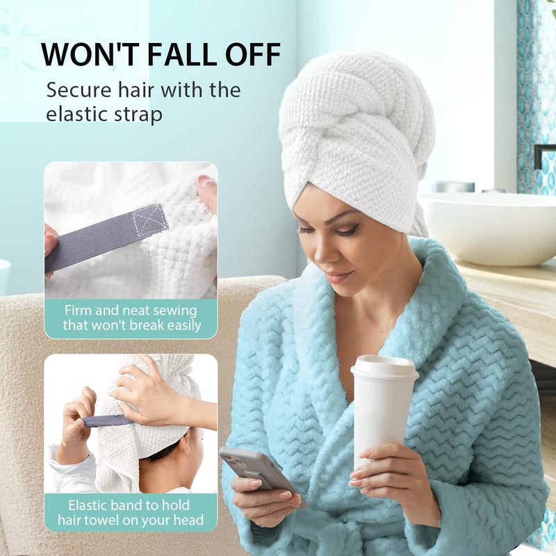 YFONG X-Large Hair Towel Wrap for Women, Super Absorbent Microfiber Hair Towel for Curly Hair, Fast Drying Hair Turbans with Elastic,Hair Drying Towel Wrap for Hair Care 30" X 40" (White) - Image 4