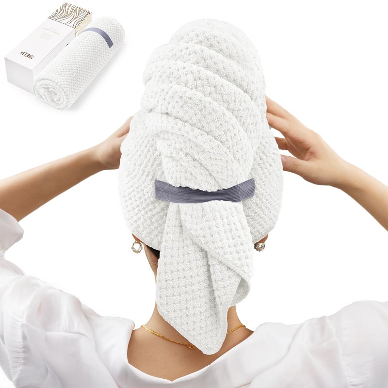 YFONG X-Large Hair Towel Wrap for Women, Super Absorbent Microfiber Hair Towel for Curly Hair, Fast Drying Hair Turbans with Elastic,Hair Drying Towel Wrap for Hair Care 30" X 40" (White) - Image 1