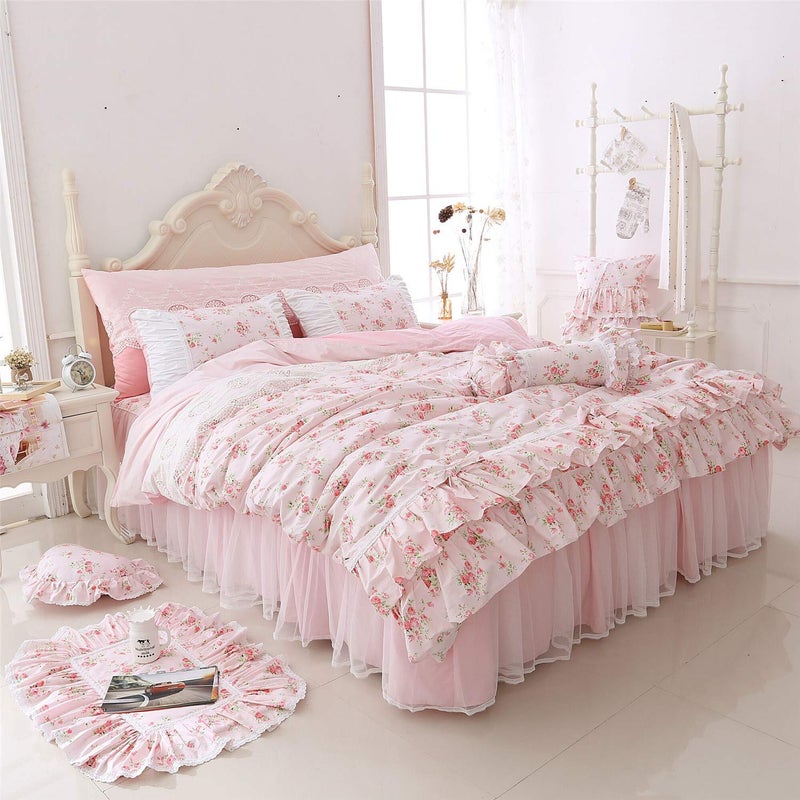LELVA LELVA Romantic Roses Print Duvet Cover Set with Bed Skirt Pink Lace Ruffle Floral Shabby Chic Bedding Sets Full 4 Piece 
