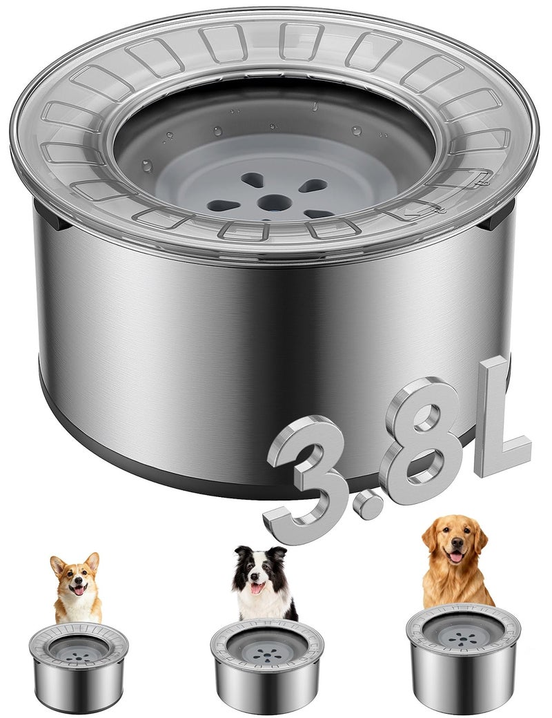 Heouvo 1 Gallon Large Dog Water Bowl No Spill,ã€Anti Digging Lid & Rubber Bottomã€‘ Spill Proof Dog Bowl, Anti Splash Mess Dripless Slow Drinking Stainless Steel Water for Sloppy Messy Drinkers Car - Image 1