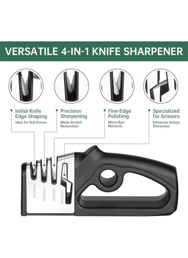 Hihonor - Knife Sharpener with Diamond Abrasives & Ergonomic Design for Right & Left-Handed Users, 4-In-1 Design Safely & Quickly Sharpens Restores Dull Knives, Scissors, Home Essential Space-Saving Tool - Image 1