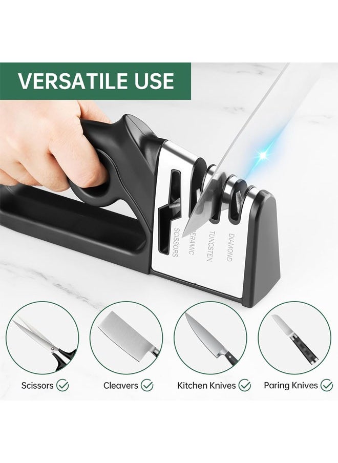 Hihonor - Knife Sharpener with Diamond Abrasives & Ergonomic Design for Right & Left-Handed Users, 4-In-1 Design Safely & Quickly Sharpens Restores Dull Knives, Scissors, Home Essential Space-Saving Tool - Image 1