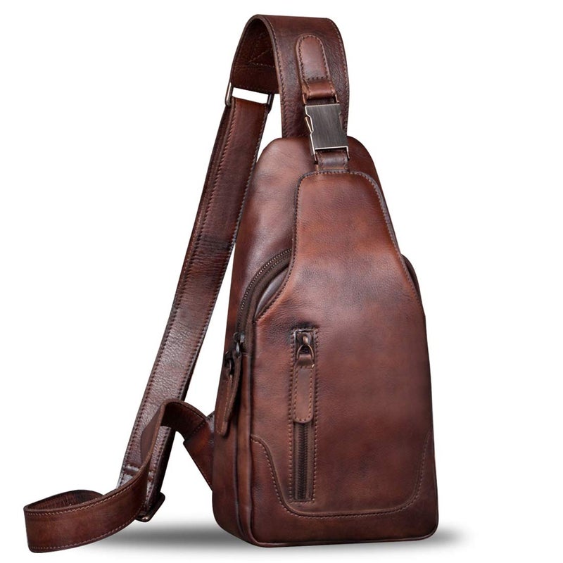 IVTG Genuine Leather Sling Bag for Men Chest Shoulder Crossbody Hiking Backpack Vintage Handmade Daypack Coffee