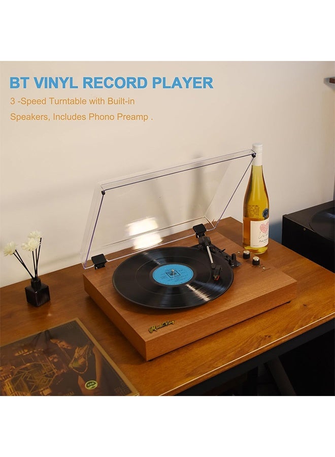 Vinyl Record Player Retro Turntable Wooden Tabletop Vintage Gramophone Compatible with 7/10/12-inch Vinyl Records 33/45/78 RPM Speeds BT5.3 Speaker RCA Output with Acrylic Dust Cover - Image 5