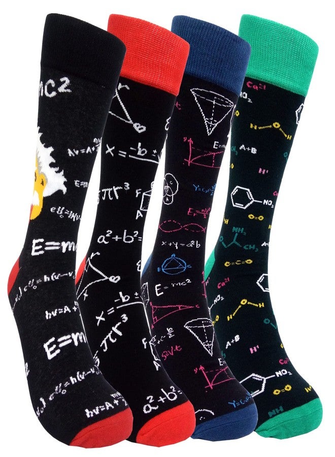 HSELL Mens Fun Patterned Dress Socks Funny Novelty Crazy Design Cotton Socks Gift for Men, 4 Pairs - Math & Einstein, One size - Image 1
