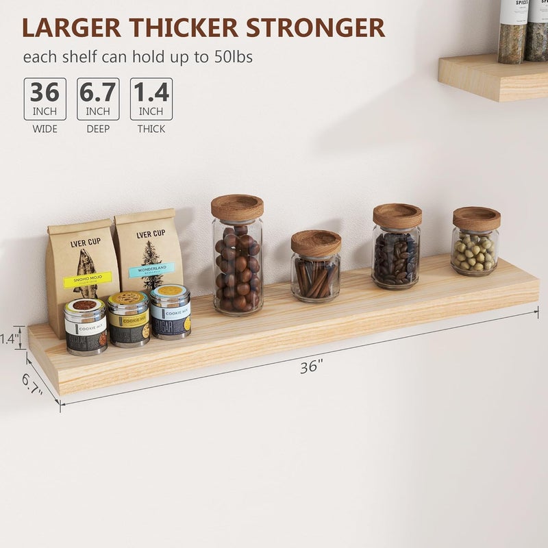 fuqing Natural Floating Shelves, 36 Inch Set of 2, Raw Wood for Living Room & Home Office - Image 3