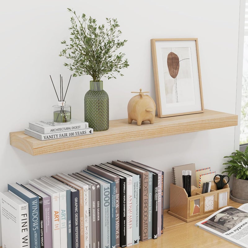 fuqing Natural Floating Shelves, 36 Inch Set of 2, Raw Wood for Living Room & Home Office - Image 2