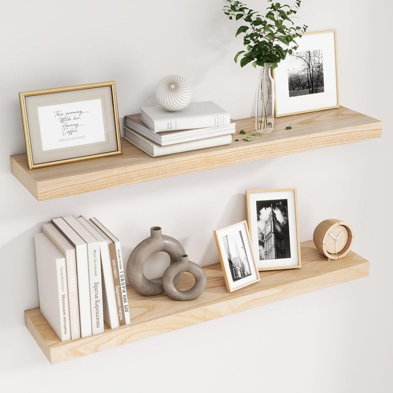 fuqing Natural Floating Shelves, 36 Inch Set of 2, Raw Wood for Living Room & Home Office - Image 1