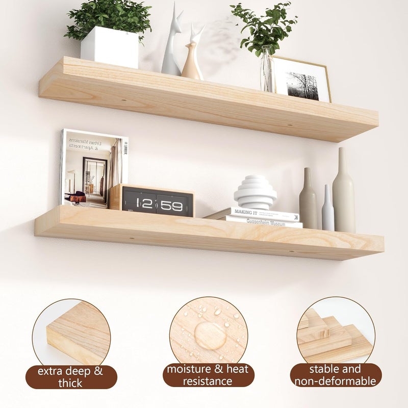 fuqing Natural Floating Shelves, 36 Inch Set of 2, Raw Wood for Living Room & Home Office - Image 5