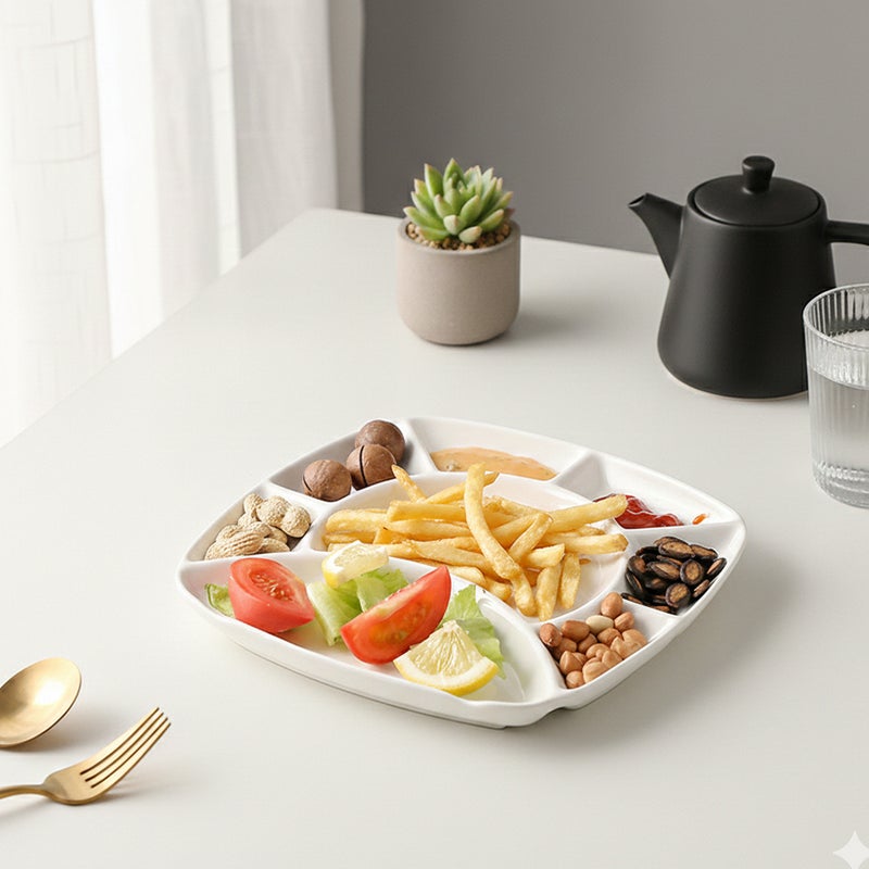 Shallow White Porcelain 24cm Compartment Serving Plate | Modern Snack & Appetizer Platter for Fries, Dips & Nuts | Elegant Serveware for Ramadan, Eid, Diwali, Brunch & Gifting - Image 2