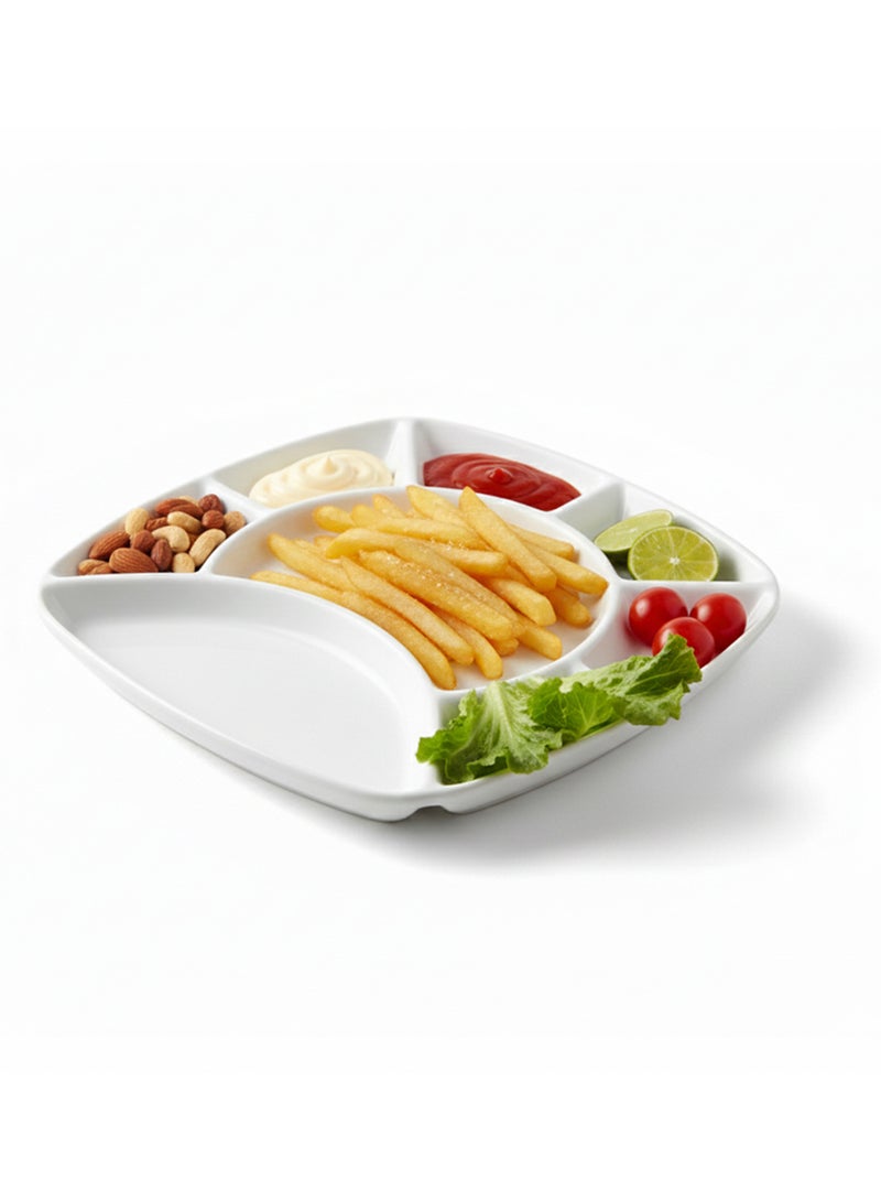 Shallow White Porcelain 24cm Compartment Serving Plate | Modern Snack & Appetizer Platter for Fries, Dips & Nuts | Elegant Serveware for Ramadan, Eid, Diwali, Brunch & Gifting - Image 2