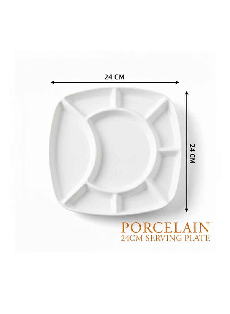 Shallow White Porcelain 24cm Compartment Serving Plate | Modern Snack & Appetizer Platter for Fries, Dips & Nuts | Elegant Serveware for Ramadan, Eid, Diwali, Brunch & Gifting - Image 3