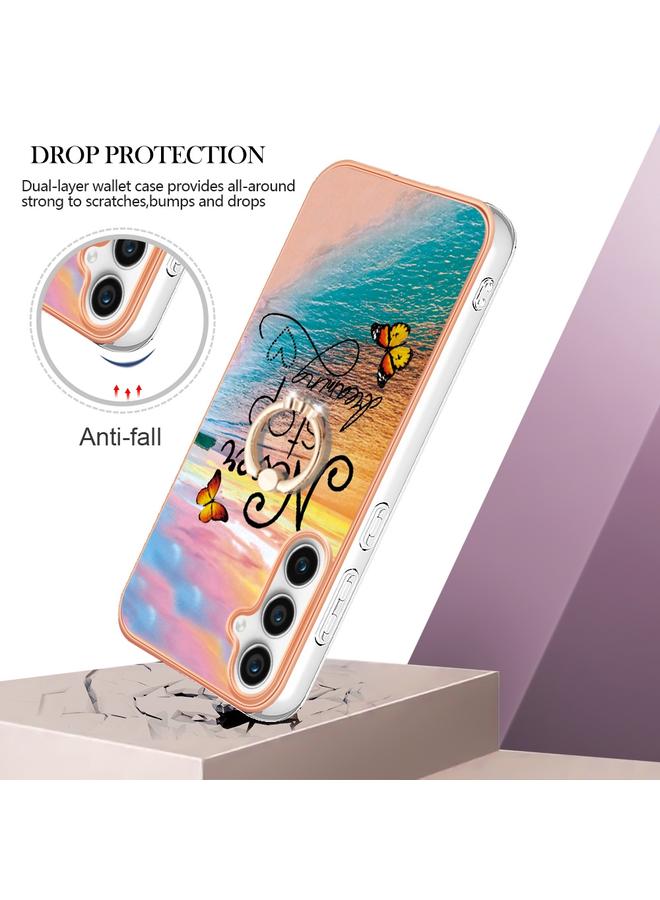 اس-توب جراب لهاتف Samsung Galaxy S24 FE 5G بنمط طلاء كهربائي IMD TPU مقاوم للصدمات مع حامل حلقي من حجر الراين - Image 2