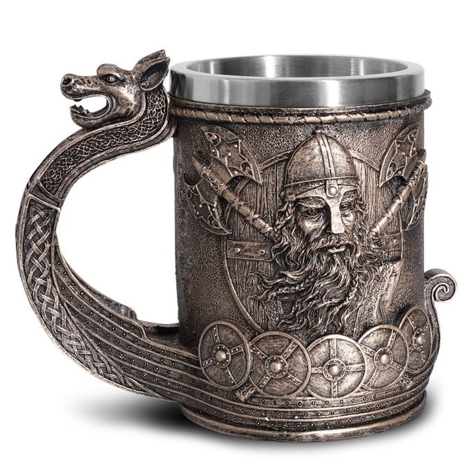 NORIC VIKING SHIP DRAON DRAKKAR BEER MUG STAINLESS STEEL LINER BRONZE COLOR VIKING WARRIOR COFFEE CUP STEIN FOR COLLECTIBLE GIFT 17OZ