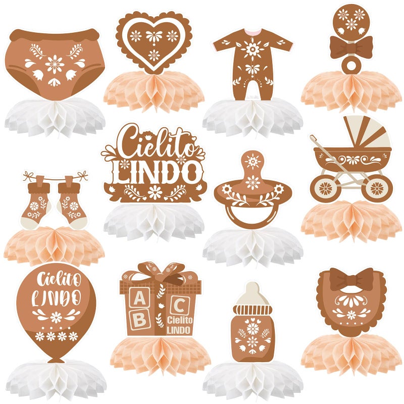 Eaasty 12 Pcs Cielito Lindo Baby Shower Party Decorations Brown Centerpieces for Table Mexican Fiesta Talavera Honeycomb Table Decor for Baby Shower Gender Reveal Party Supplies - Image 3