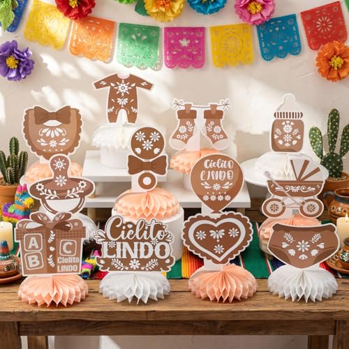 Eaasty 12 Pcs Cielito Lindo Baby Shower Party Decorations Brown Centerpieces for Table Mexican Fiesta Talavera Honeycomb Table Decor for Baby Shower Gender Reveal Party Supplies - Image 5