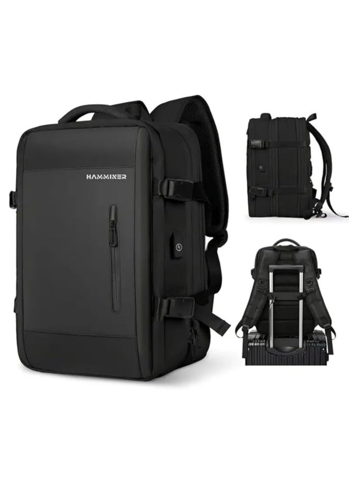 HAMMINER Travel Bag Expandable, Flight Approved Carry On Backpack For International Travel Bag, Water Resistant Durable 17-inch Laptop Backpacks, Laptop Bag Luggage Backpack For Men Sports Luggage Backpack For Womens Travel Backpack For Luggage Men School Bag Shoulder Bag Built-in USB Charging Port Black  - Image 1