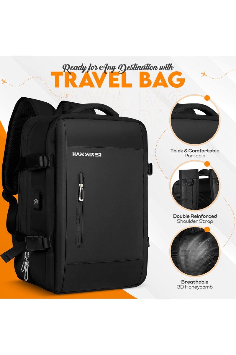 HAMMINER Travel Bag Expandable, Flight Approved Carry On Backpack For International Travel Bag, Water Resistant Durable 17-inch Laptop Backpacks, Laptop Bag Luggage Backpack For Men Sports Luggage Backpack For Womens Travel Backpack For Luggage Men School Bag Shoulder Bag Built-in USB Charging Port Black  - Image 2