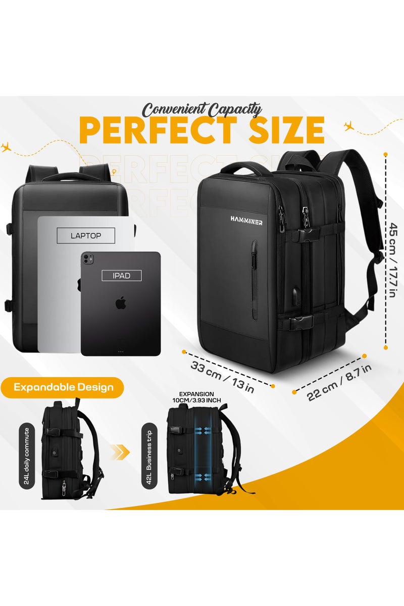 HAMMINER Travel Bag Expandable, Flight Approved Carry On Backpack For International Travel Bag, Water Resistant Durable 17-inch Laptop Backpacks, Laptop Bag Luggage Backpack For Men Sports Luggage Backpack For Womens Travel Backpack For Luggage Men School Bag Shoulder Bag Built-in USB Charging Port Black  - Image 3
