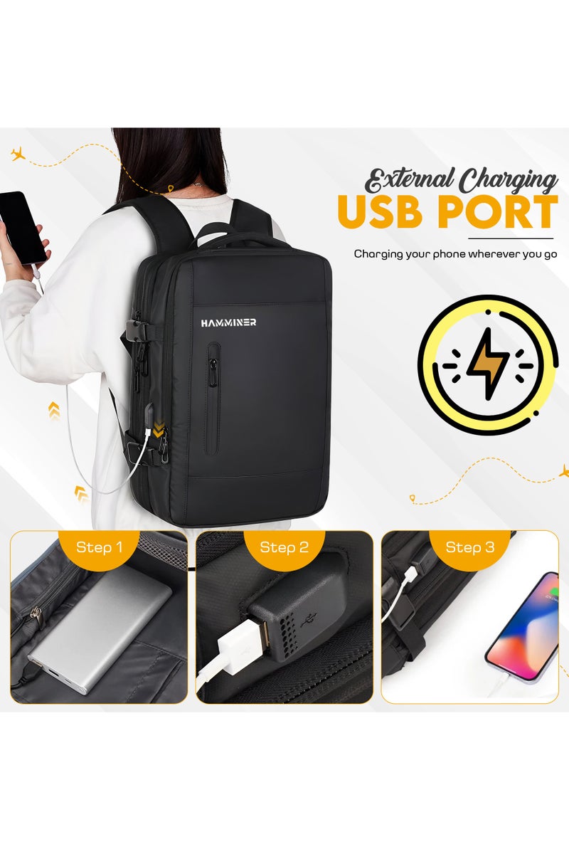 HAMMINER Travel Bag Expandable, Flight Approved Carry On Backpack For International Travel Bag, Water Resistant Durable 17-inch Laptop Backpacks, Laptop Bag Luggage Backpack For Men Sports Luggage Backpack For Womens Travel Backpack For Luggage Men School Bag Shoulder Bag Built-in USB Charging Port Black  - Image 4