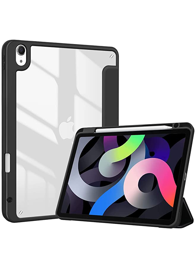 Procases ProCase iPad Air 5 Case 2022/iPad Air 4 Case 2020 10.9 Inch With Pencil Holder, Clear Transparent Back Shell Trifold Protective Smart Cover for iPad Air 10.9" 5th /4th Generation A2589 A2072 -Black - Image 1