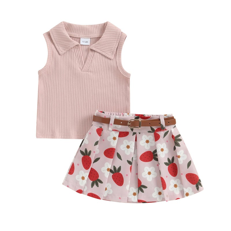 JLKGICF JLKGICF Toddler Girl Summer Outfit Solid Ribbed Knit Tank Tops Floral Print Pleated Mini Skirts with Belt 2Pcs Clothes Set Pink Strawberry Print 1824 Months 