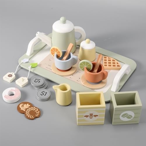 Pithfor Wooden Tea Party Set for Little Girls Play Tea Set for Kids Toddlers Pretend Play Kitchen Toy Gift for 1 2 3 4 5 Years Old - Image 1
