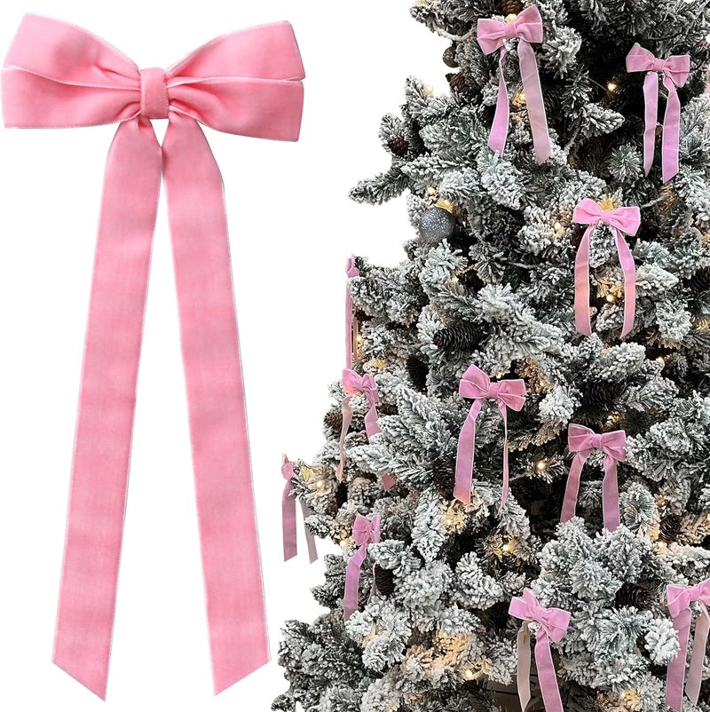Hongsome 12Pcs Pink Velvet Bows Christmas Tree Decorations,5in x 10in Valentines Day Ornaments for Tree Home Coquette Room Birthday Party Front Door Wedding Holiday Decor - Image 1